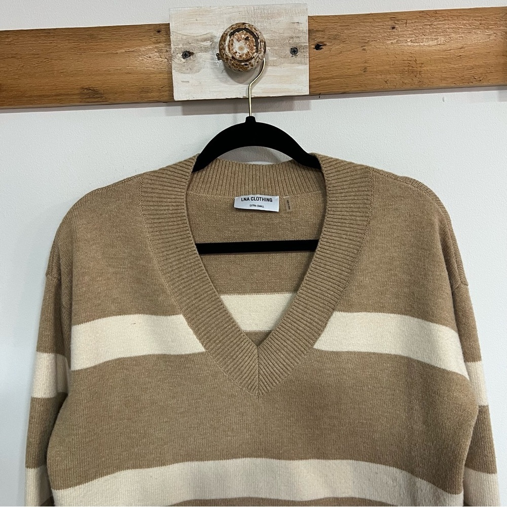 LNA Clothing Morjana V Neck Sweater in Camel Stripe - Picture 7 of 16
